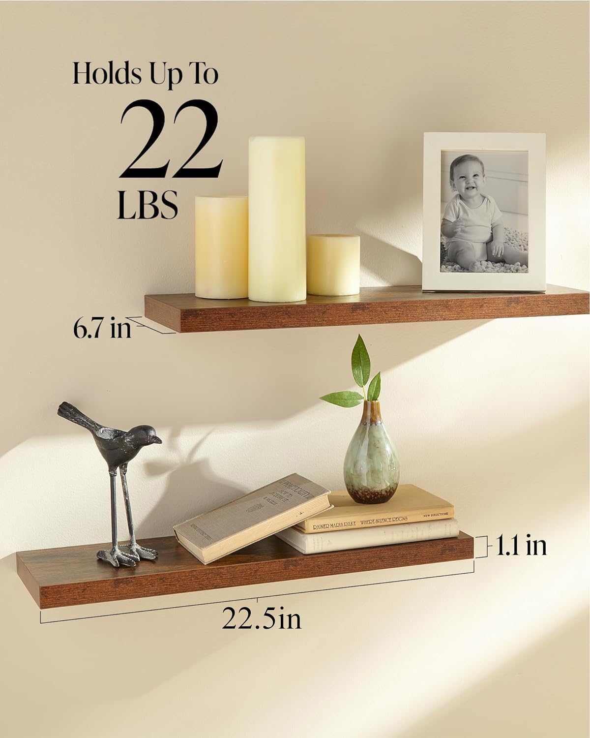 BAYKA Floating Shelves Set of 2, 22.5" Rustic Wood Wall Mounted Shelves for Bathroom, Bedroom, Living Room, Kitchen & Office, Hanging Display Shelf with 22 lbs Capacity (Rustic Brown) BAYKA
