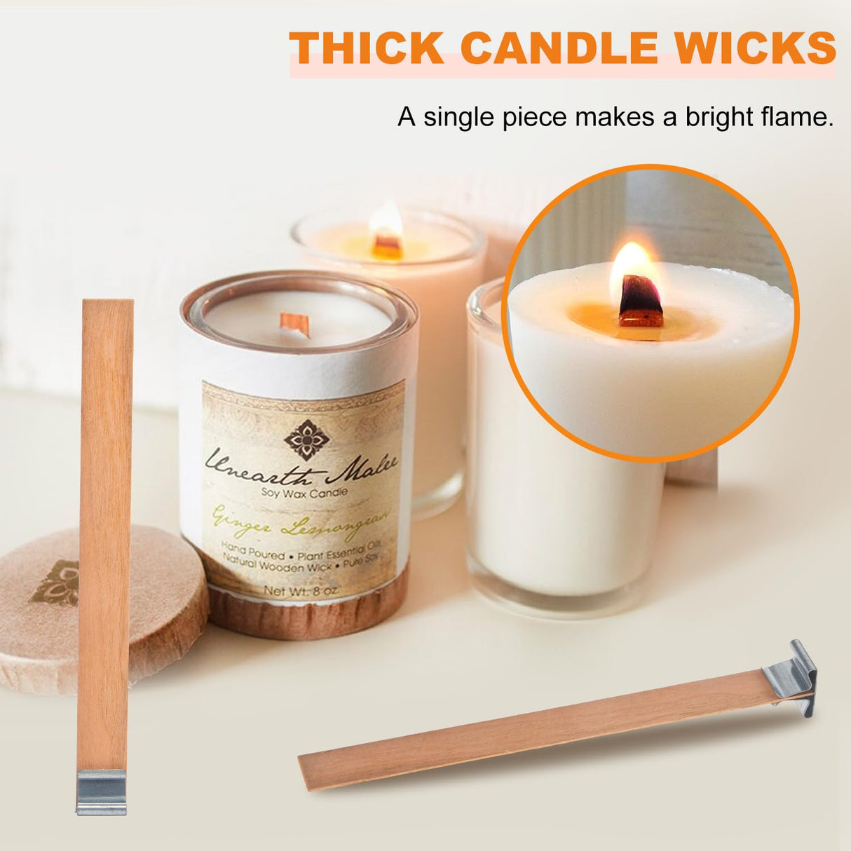 Wood Wicks for Candles Making with Case, Wooden Wicks for Candlemaking 5.1 X 0.5 Inch Smokeless Long Lasting Flame Natural Wood Candle Wick with Candle Wick Trimmer, Metal Base for DIY Candle(50 Sets) Yewltvep