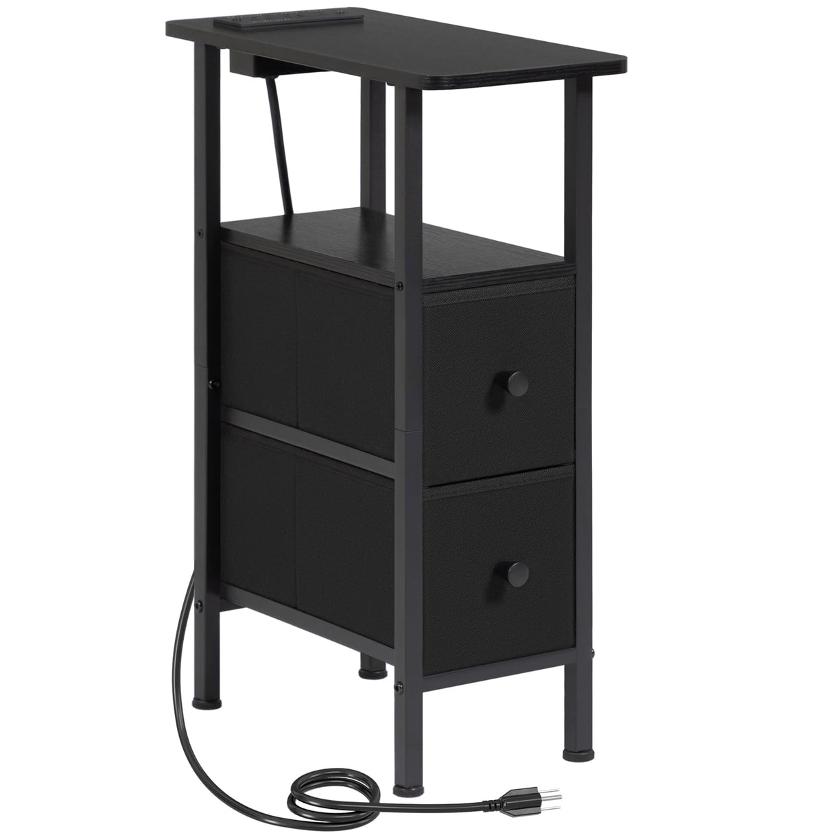 LOAKEKEL Narrow End Table Living Room with Charging Station, Skinny Side Table with Fabric Drawers, Slim Nightstand for Bedroom, Small Spaces, Couch, Black, HETNDP02BK-1 LOAKEKEL