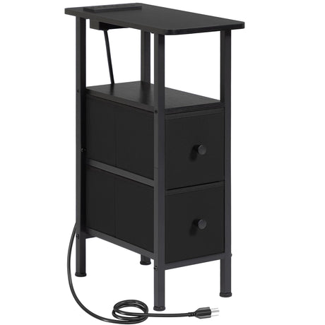 LOAKEKEL Narrow End Table Living Room with Charging Station, Skinny Side Table with Fabric Drawers, Slim Nightstand for Bedroom, Small Spaces, Couch, Black, HETNDP02BK-1 LOAKEKEL