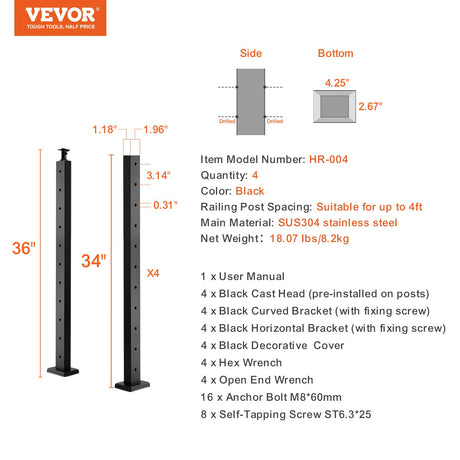 VEVOR 4-Pack Cable Railing Post, 36" x 1" x 2" Steel Horizontal Hole Deck Railing Post, 11 Pre-Drilled Holes, SUS304 Stainless Steel Cable Rail Post with Horizontal and Curved 4JZLGZHS9142C2KYMV0 VEVOR