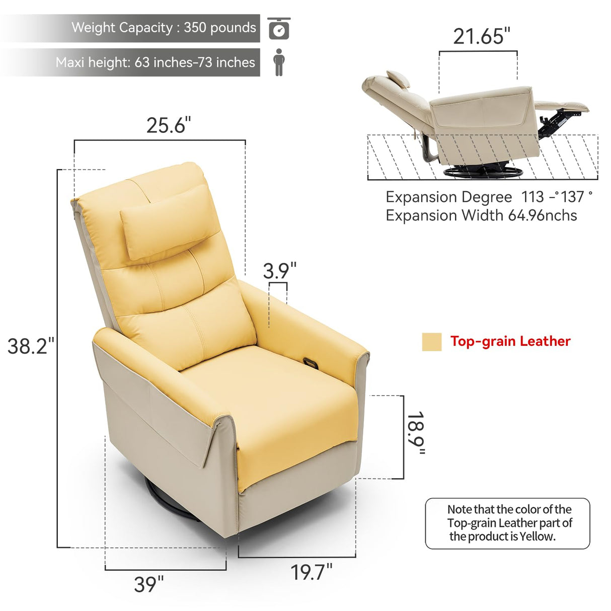 AIRSKY Leather Recliner Chair, Top Grain Leather, Italian Water-Washing Process, Movable Headrest,Swivel Rocker Recliner, Nursery Rocking Chairs,Wall Hugger Recliners, Living Room Chair, Beige, R3 AIRSKY