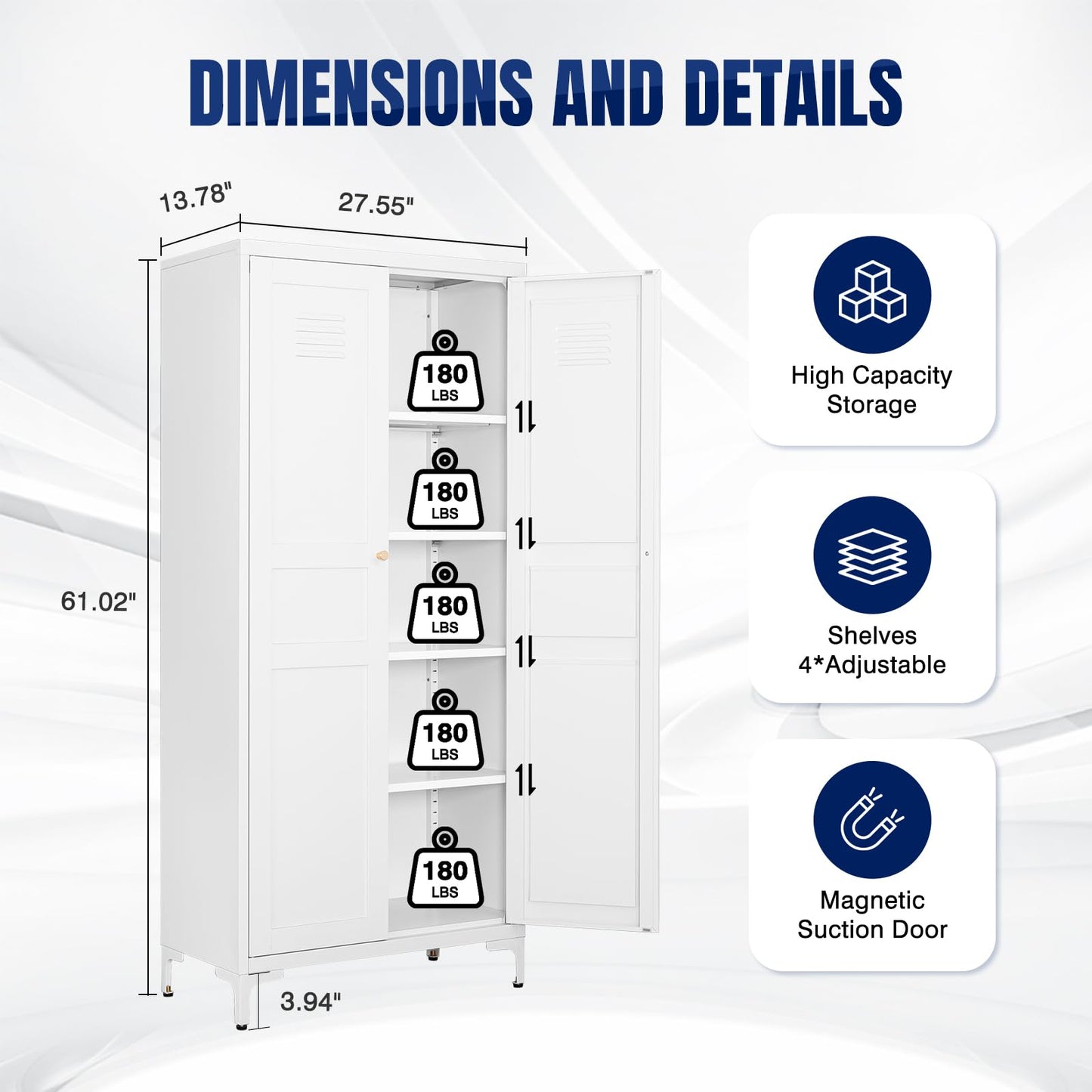 Yizosh Metal Storage Cabinet with 2 Doors and 4 Adjustable Shelves - 61" White Locking Pantry Storage Cabinet, 5-Tier Tall Steel Cabinet Locker for Home Office, Living Room, Dinning Room - WoodArtSupply