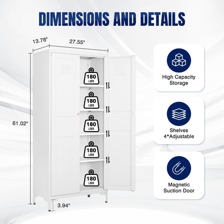 Yizosh Metal Storage Cabinet with 2 Doors and 4 Adjustable Shelves - 61" White Locking Pantry Storage Cabinet, 5-Tier Tall Steel Cabinet Locker for Home Office, Living Room, Dinning Room Yizosh