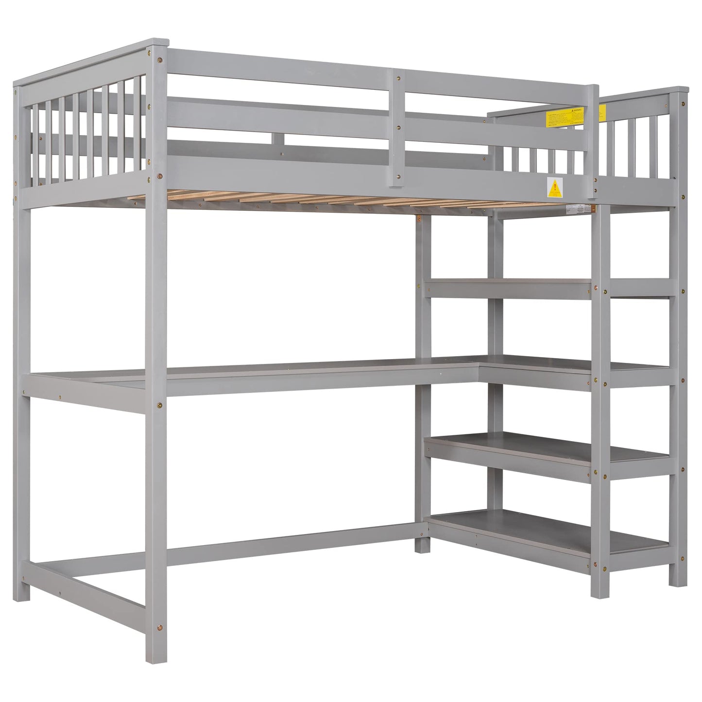 Merax Grey Twin Loft Bed with Under-Bed Desk and 4 Storage Shelves - WoodArtSupply