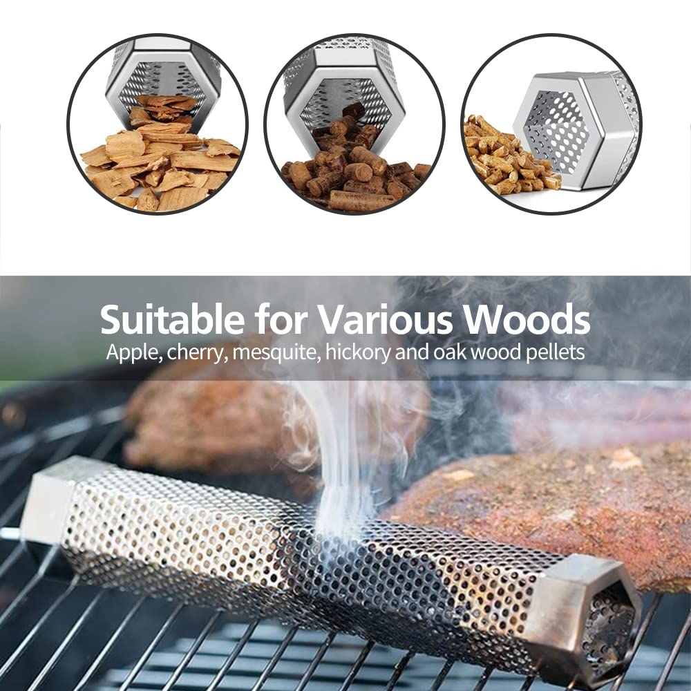 Pellet Smoker Tube Set, 6" & 12" Stainless Steel BBQ Wood Smoker Tube with Brush and 2 Hooks for 2.5hrs/5hrs of Billowing Cold/Hot Smoking for All Grills or Smokers, Smoking Cheese Beef Nuts Fish LFSEMINI