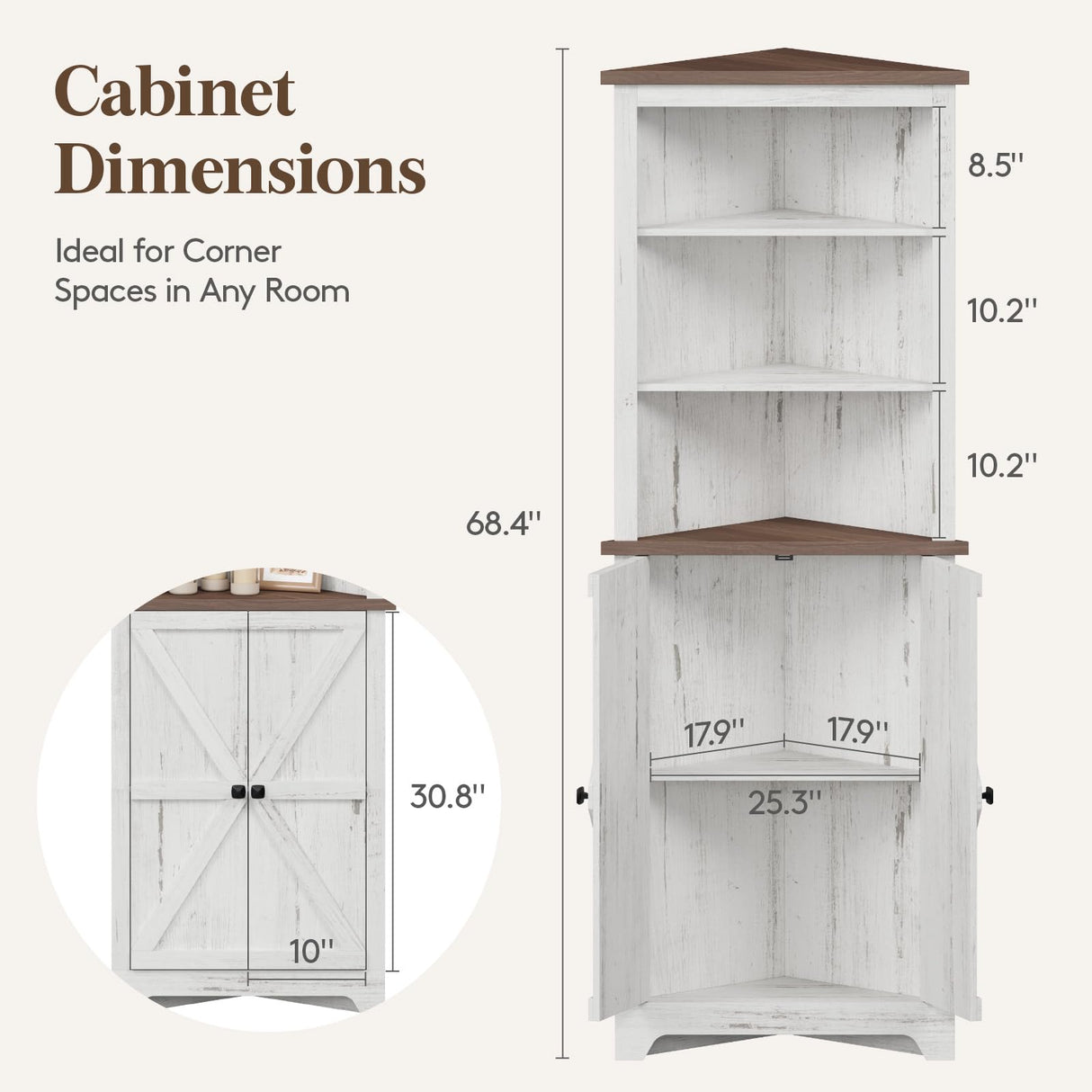 Lifewit Tall Corner Cabinet, Farmhouse Storage Cabinet with Barn Door Design & Adjustable Shelves, Home Space Saver for Bathroom, Living Room, Rustic White Lifewit