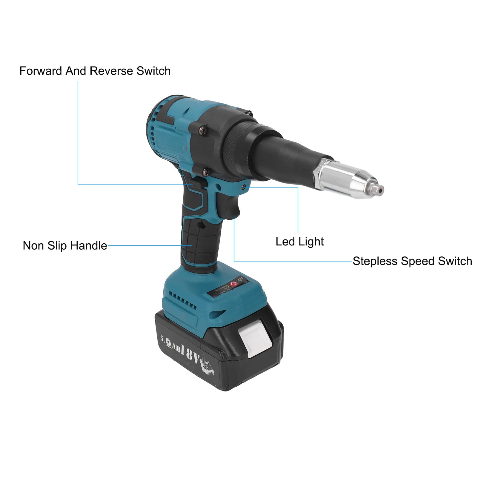 Vvikizy 18V Blue Cordless Brushless Electric Rivet Gun Cordless Rivet Gun LED Automatic Rivet Nut Hand Tool for BL1815 Battery 3.2-4.8mm - WoodArtSupply