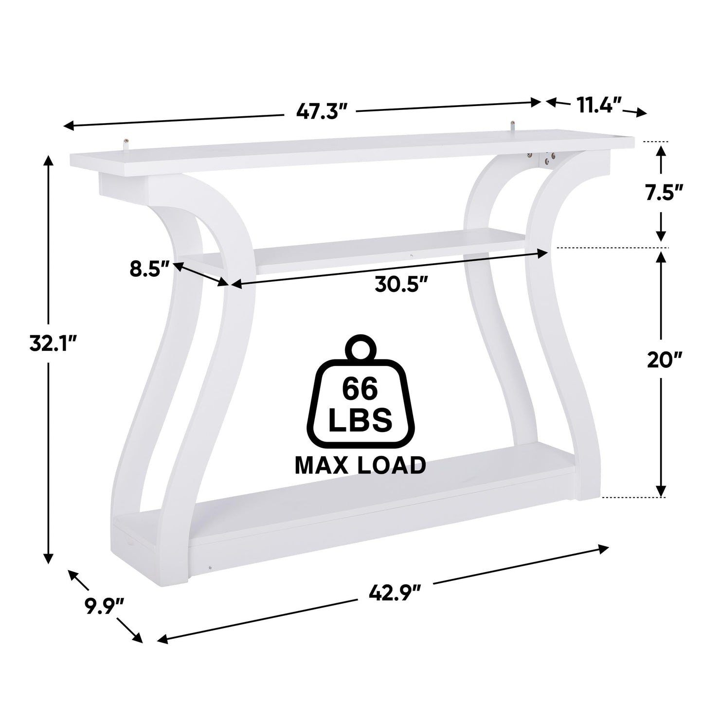 SUPER DEAL Wood Console Table for Entryway, 3 Tier Modern Sofa Table with Curved Frame and 2 Open Storage Shelves, Narrow Table for Hallway Living Room Bedroom, 47 in White
