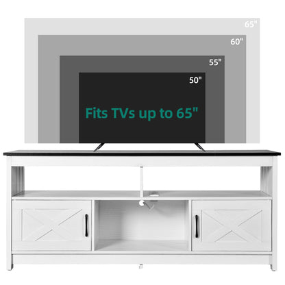 YITAHOME TV Stand for 65 55 Inch TV with Power Outlet, Farmhouse Entertainment Center with Storage Cabinets and Open Shelf, Rustic Media Console TV Cabinet for Living Room, White/Black