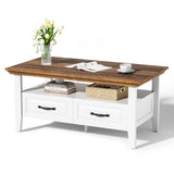 Amada Coffee Table for Living Room, 39.4" Small Coffee Table with Storage, Open Display Shelf and Hidden Drawers, Farmhouse Wood Center Table Ideal for Home Office, White and Oak AMADA HOMEFURNISHING