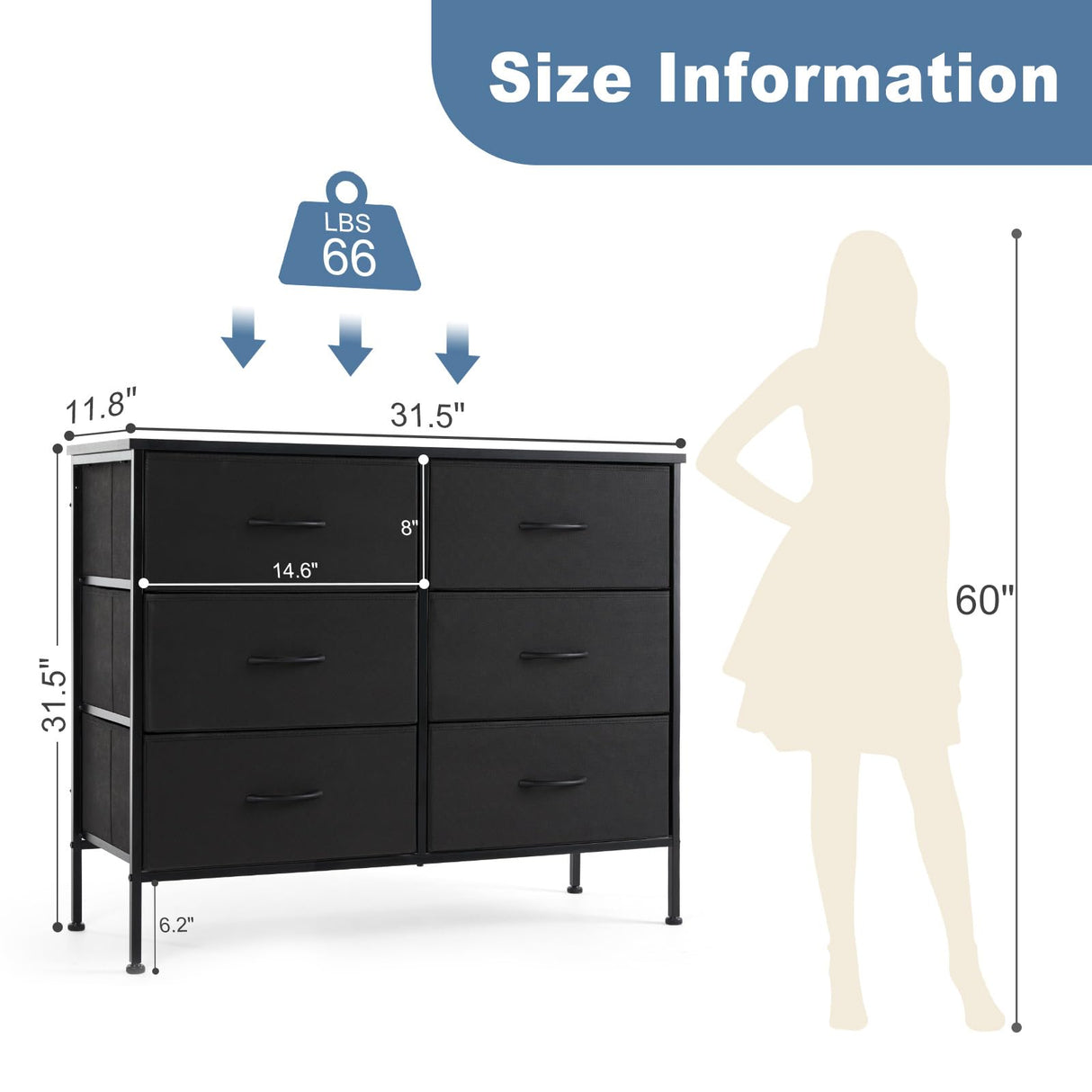 DUMOS TV Stand for Living Room, Dresser for Bedroom Chest of Dresser with 6 Fabric Drawers Storage Organizers Units, Nightstand for Bed, Black DUMOS