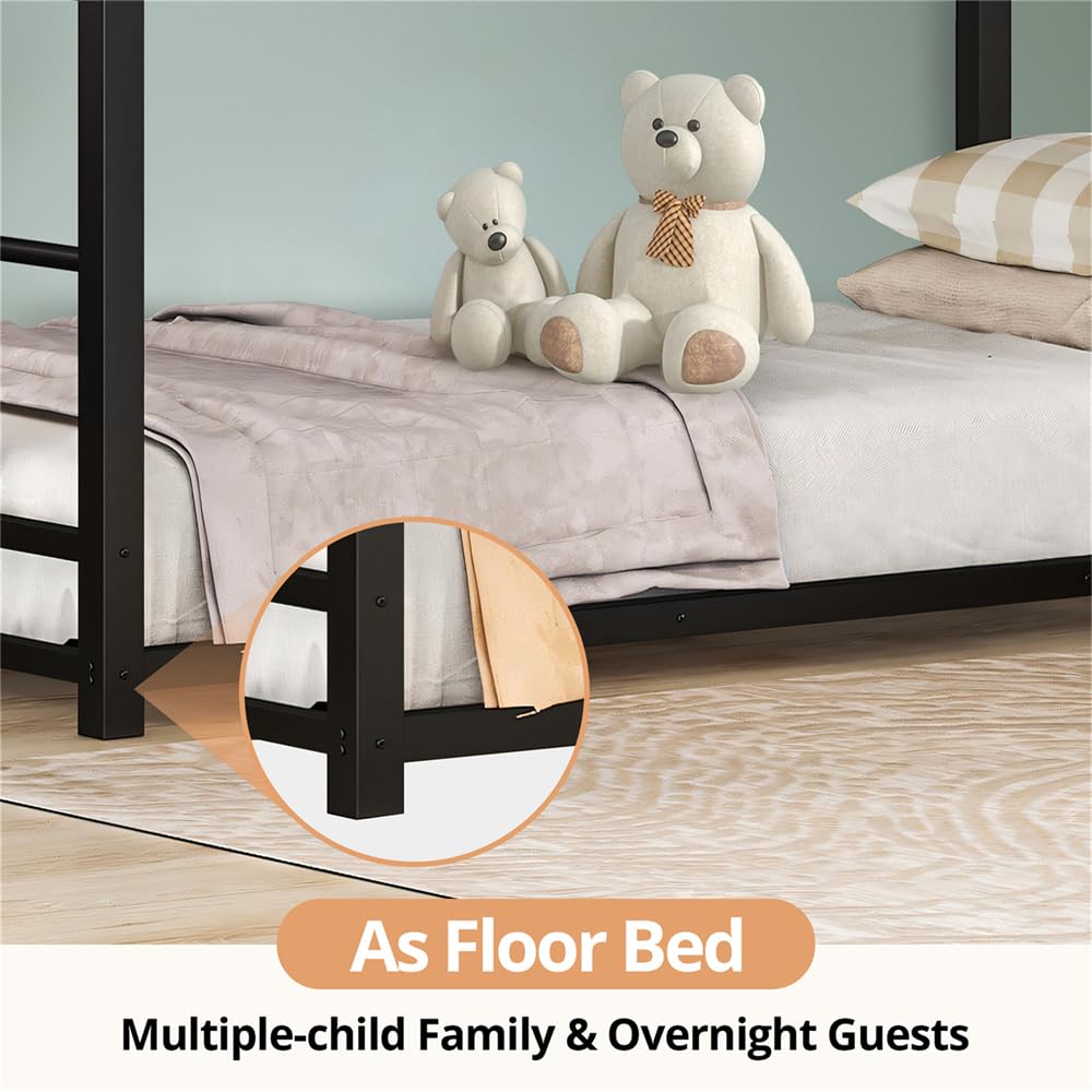 TURRIDU Heavy-Duty Triple Bunk Bed, Metal L-Shaped Bunk Bed for 3 Kids Adults with Built-in Ladder and Full-Length Guardrails, No Box Spring Needed & Space Saving Metal Triple Bunk Bed TURRIDU