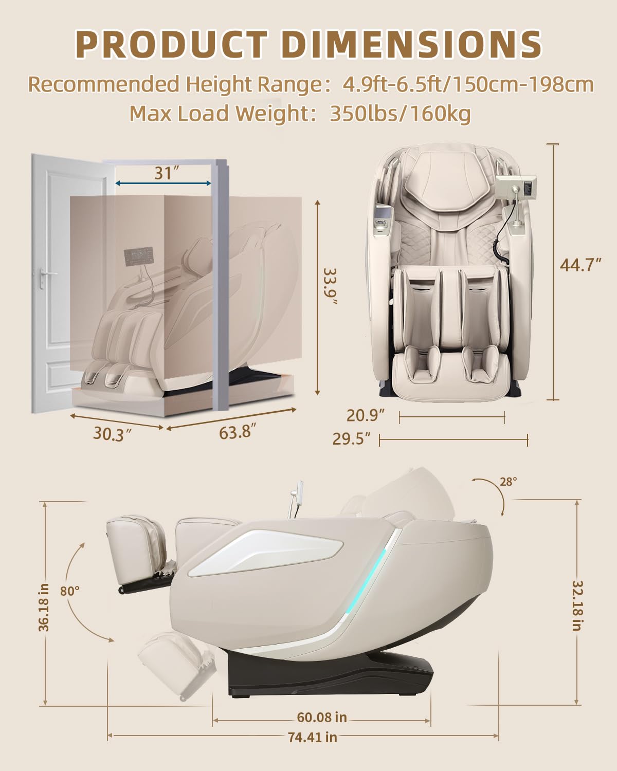 RelaxRelife Full Body Zero Gravity Massage Chair with Body Scan 4D Intelligent Shiatsu Strecth Massage, Back/Leg Heated with AI Voice Control Bluetooth Speaker Airbags SL Track Massage Beige RelaxRelife