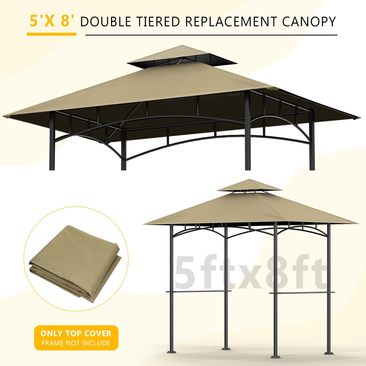 OIPUNSHLE Grill Gazebo Replacement Canopy Top, 5'x8' Gazebo Roof Top Double Tiered Replacement Canopy Roof, Grill Shelter Cover Roof Fit for Gazebo Model L-GG001PST-F (Khaki) OIPUNSHLE