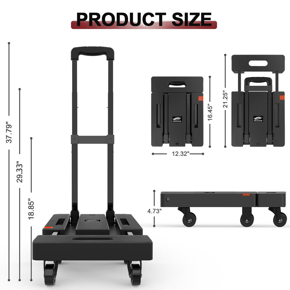 SOLEJAZZ Folding Hand Truck Portable Dolly for Moving, 500LB Luggage Cart Dolly with 6 Wheels & 2 Bungee Cords for Travel, Moving, Shopping Use, Black SOLEJAZZ