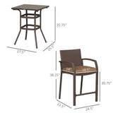 Outsunny 3 PCS Rattan Wicker Bar Set with Wood Grain Top Table and 2 Bar Stools for Outdoor, Patio, Poolside, Garden, Brown Outsunny