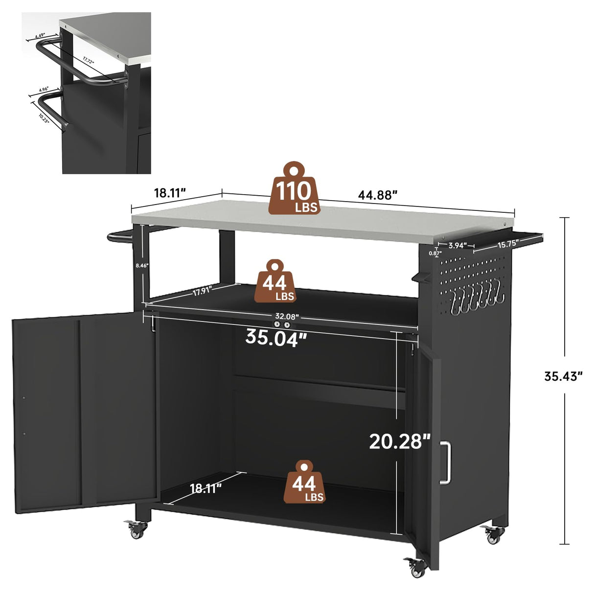 Outdoor Grill Table with Storage, Outdoor Grill Cart for BBQ, Patio, and Backyard, Outdoor Kitchen Island with Stainless Steel Top, 44.88 x 18.11 x 35.43 inch Samesay