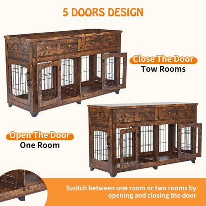 Dog Crate Furniture with 5 Doors, 58" Wooden Dog Kennel End Table with Large Capacity Drawers, Dog House with Openable Divider for Small/Medium/Large Dog,Dog Cage,Side End Table,Rustic Brown - WoodArtSupply