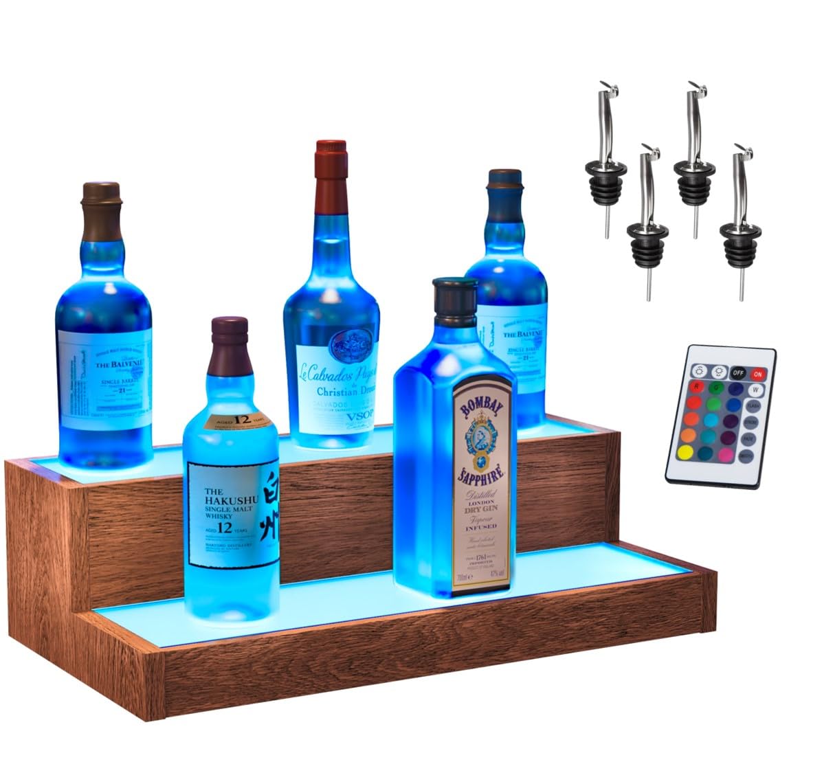 Boss Premium® BarUSA™ LED Wood Lighted Bar Shelf Display Liquor Bottle Alcohol Whiskey Shelves Rack Stand Tray Units for Home Bar Living Room Accessories and Decor - Designed in USA (2-Step,  - WoodArtSupply