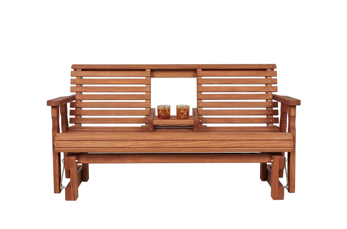 Amish Casual Heavy Duty Rollback Console Porch Glider in Cedar Stain - Patio Glider with Fold Down Cupholders Amish Made in The USA Amish Casual