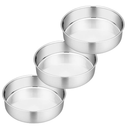 8 Inch Cake Pan Set, 3 Pcs P&P CHEF Round Baking Pans Stainless Steel Layer Birthday Wedding Cake Pans, Fit Oven/Pots/Pressure Cooker, Non Toxic & Heavy Duty, Dishwasher Safe