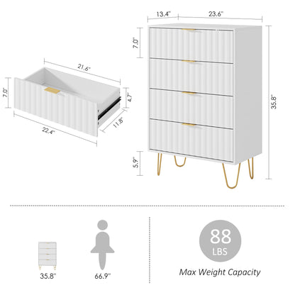 Aienvey Dresser for Bedroom with 4 Drawers, Chest of Drawers, Tall Storage Dresser Chest Cabinet Organizer Unit with Metal Legs, Small Dresser for Bedroom, Living Room, Closet, Hallway,Fluted,White