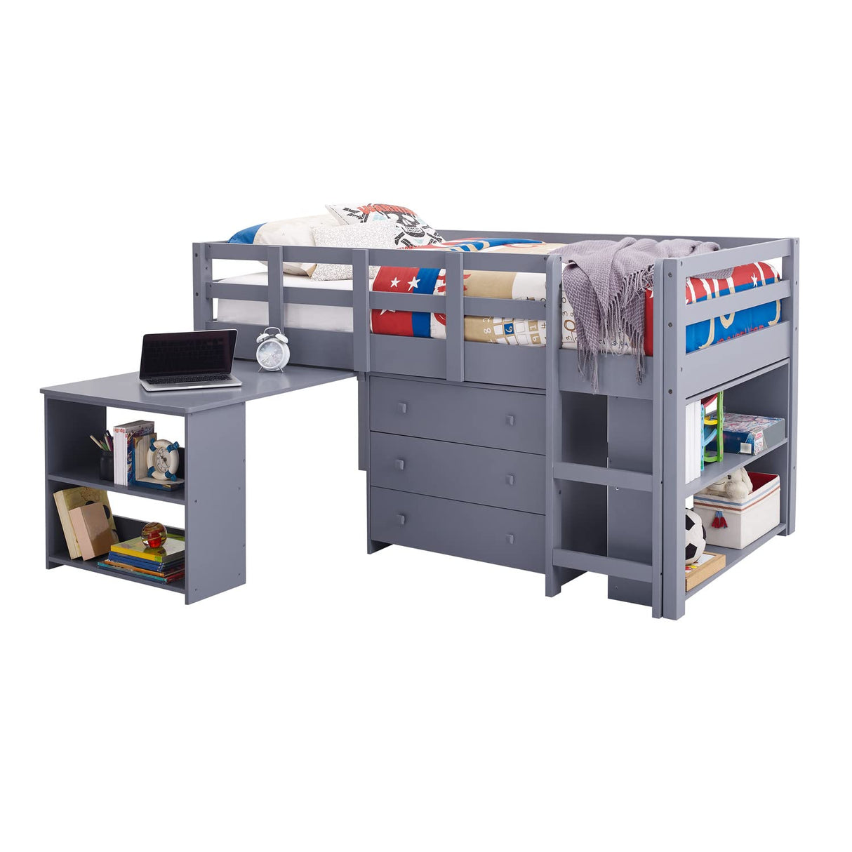 Naomi Home Low Loft Bed Twin Loft Bed with Desk and Storage Kids Beds for Boy Solid Pine Wood Toddler Loft Bed with Storage, Ladder Storage Guard Rails, No Box Spring Needed, Loft Bed Gray Naomi Home