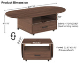 IBF Foldable Coffee Table with Drawer, Wood Living Room Table with Storage, Multifunctional Oval Center Table with Wheels, Extendable Rolling Tea Table for Living Room Home Office, Walnut, 47 Inch IBF