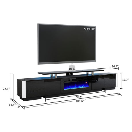 AMERLIFE 110" Large Fireplace TV Stand Set with 36" Electric Fireplace, Includes 70" 2-Tier Fireplace TV Stand, 2 x End Tables, Modern High Gloss TV Console with LED Light for Living Room, Black AMERLIFE