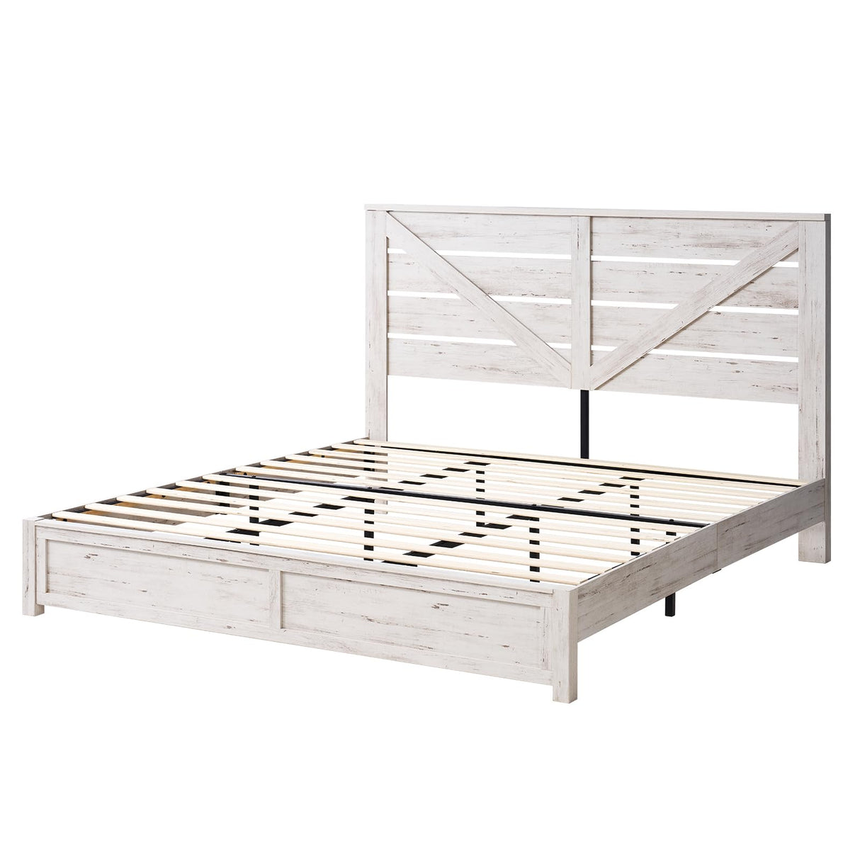 AMERLIFE King Size Distressed White Farmhouse Bed Frame with Barn Door Headboard and Under Bed Storage AMERLIFE