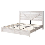 AMERLIFE King Size Distressed White Farmhouse Bed Frame with Barn Door Headboard and Under Bed Storage AMERLIFE