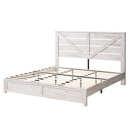 AMERLIFE King Size Distressed White Farmhouse Bed Frame with Barn Door Headboard and Under Bed Storage - WoodArtSupply