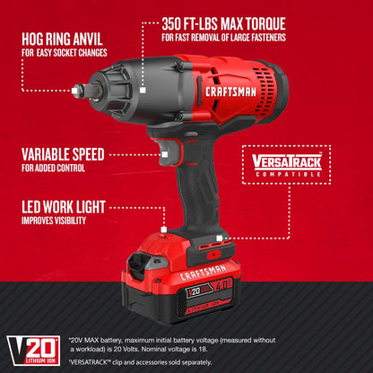 CRAFTSMAN V20 RP 1/2 inch Cordless Impact Wrench Kit, Brushless, 4Ah Battery and Charger Included (CMCF900M1) - WoodArtSupply