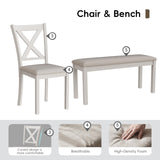 HOPETANA 6-Piece Dining Room Set - Rectangular Solid Elm Wood Table with Bench & Upholstered Chairs, White/Brown HOPETANA