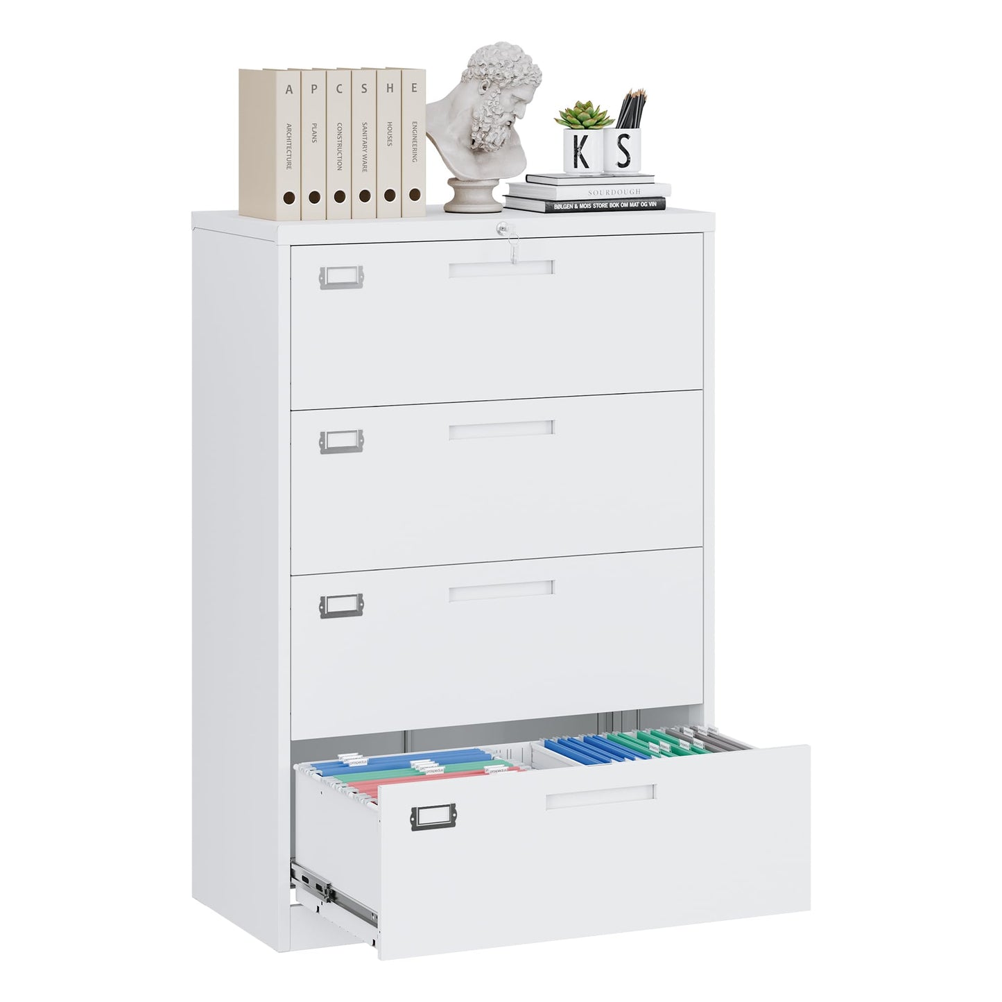 Yizosh 4 Drawer White File Cabinet with Lock, Filing Cabinet for Home Office, Metal Locking Office File Storage Cabinet with Drawers, Lateral Filing Cabinet Organizer for Letter/Legal/F4/A4 - WoodArtSupply