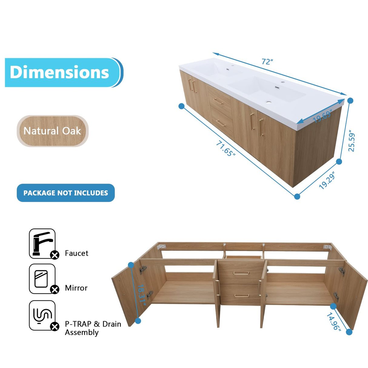 Dornberg 72" Floating Bathroom Vanity with Sink, Natural Oak Wall Mounted Bathroom Vanity with Integrated Double Sinks Combo, Single Sink Bath Vanity Set, Full Assembled Dornberg