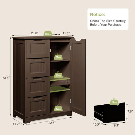 Gizoon Pantry Cabinet Storage Cupboard, Freestanding Wooden Dresser with 4 Drawers for Bathroom and Dining Room, 33" Dark Brown, Small Kitchen Pantry Storage Cabinet with Door and Shelves Gizoon