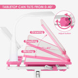 Artist hand Kids Study Table and Chair Set,Adjustable Girls School Writing Study Table,with Large Writing Board LED Pull Out Drawer Pencil Case Bookstand,Pink Artist hand