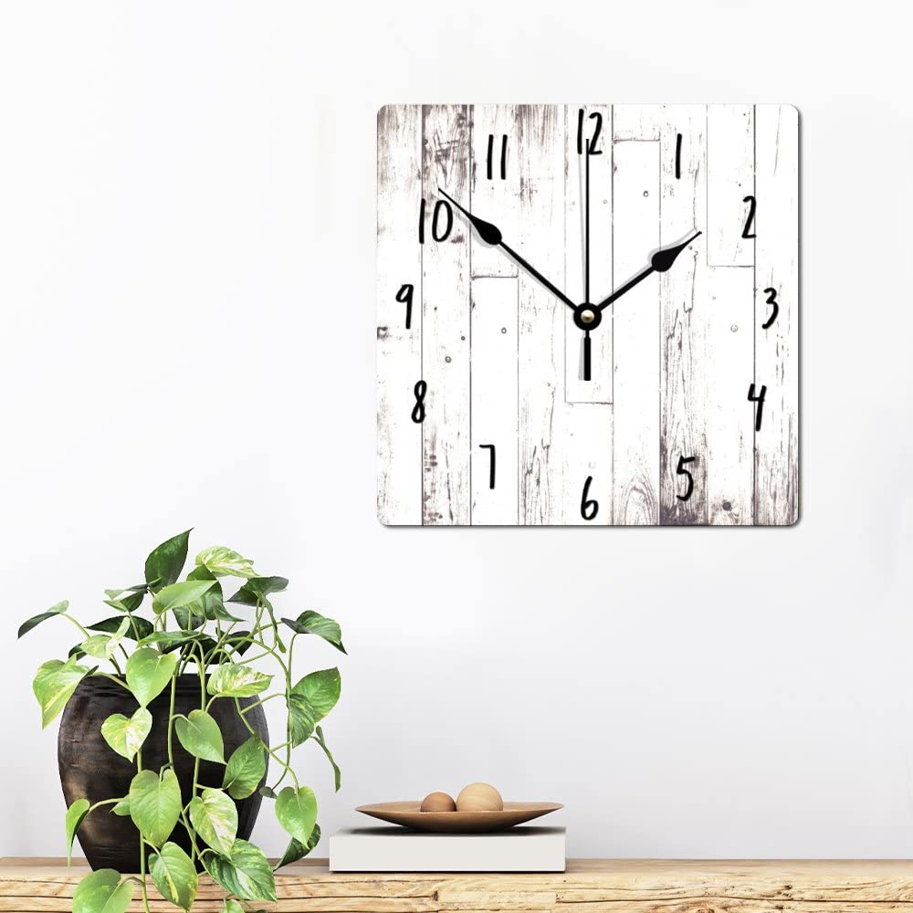 ArogGeld Shabby Chic White Wood Wall Clock Rustic Farmhouse Barn Square Wood Clock 10 Inch Silent Non-Ticking Wooden Wall Clocks Battery Operated Living Room Bedroom Kitchen Farmhouse Decor B - WoodArtSupply