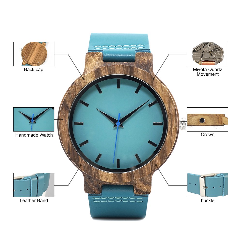 BOBO BIRD Men's Bamboo Wooden Watch with Blue Cowhide Leather Strap Casual Watches for Groomsmen Gift with Box BOBO BIRD
