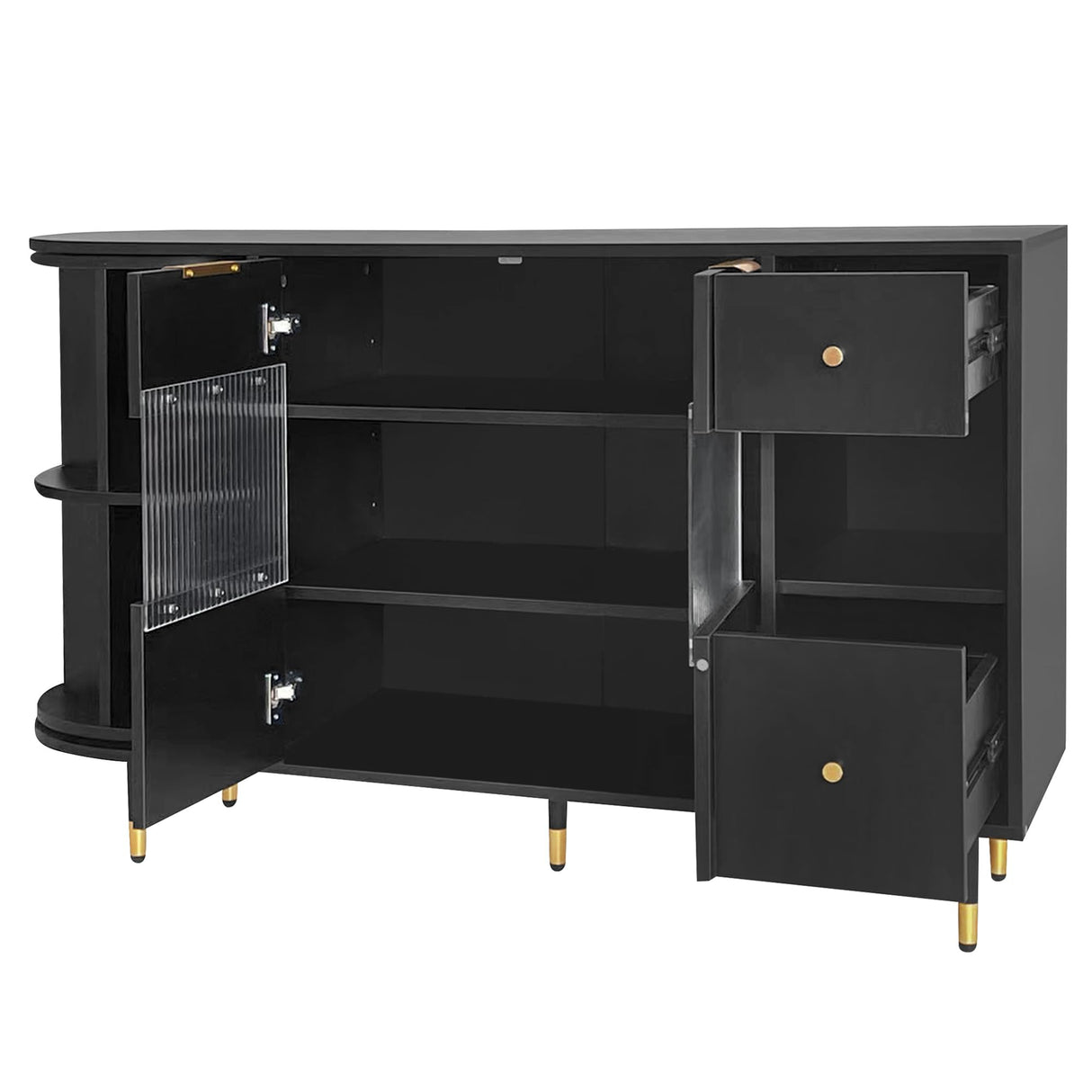 Amposei Modern Dining Buffet 51-Inch Glass Door Sideboard Cabinet Wooden Credenza Console Storage Cabinet with Drawers, Adjustable Shelves & Rotating Open Racks for Living Room Kitchen (Black) Amposei