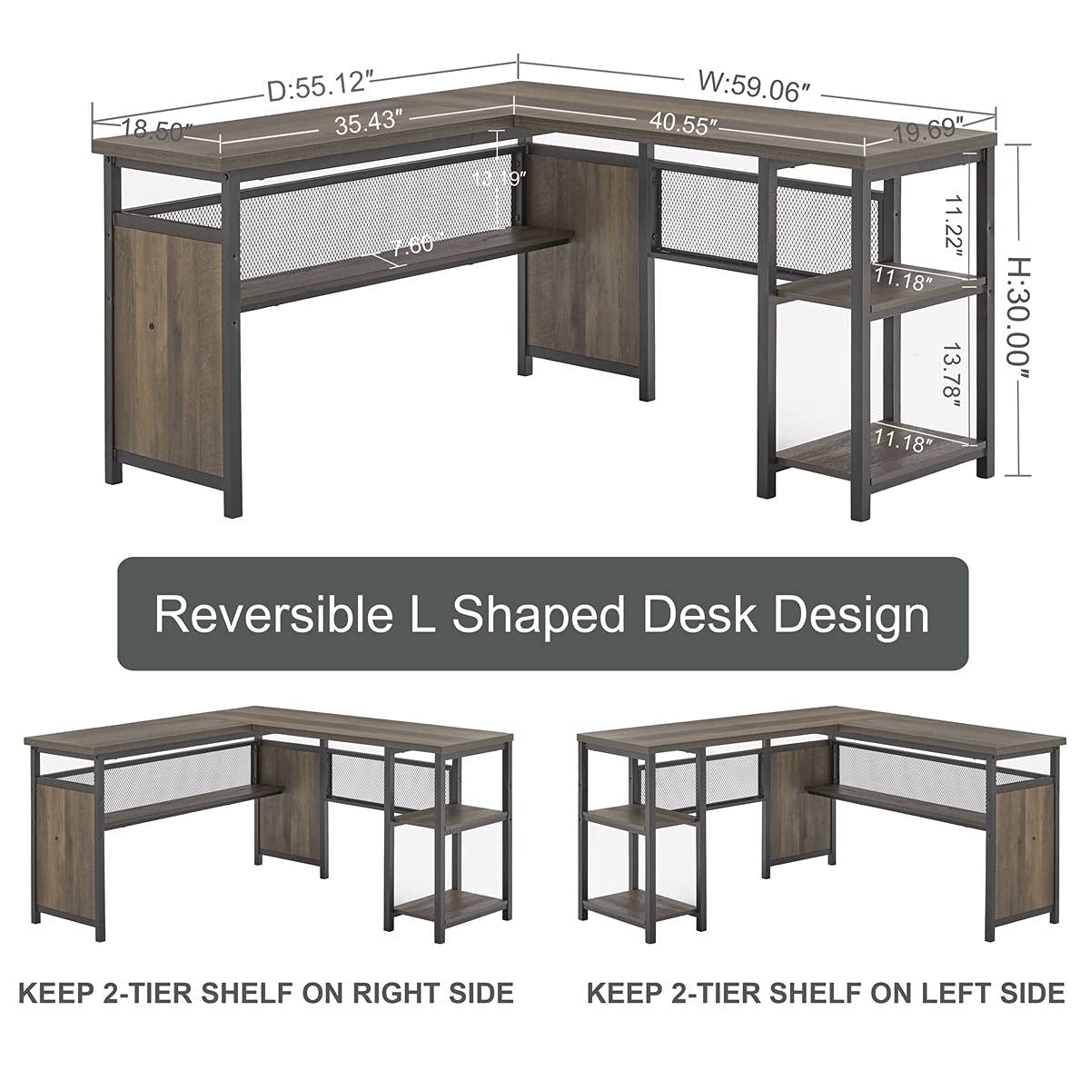 FATORRI L Shaped Computer Desk, Industrial Home Office Desk with Shelves, Reversible Wood and Metal Corner Desk (Walnut Brown, 59 Inch) FATORRI