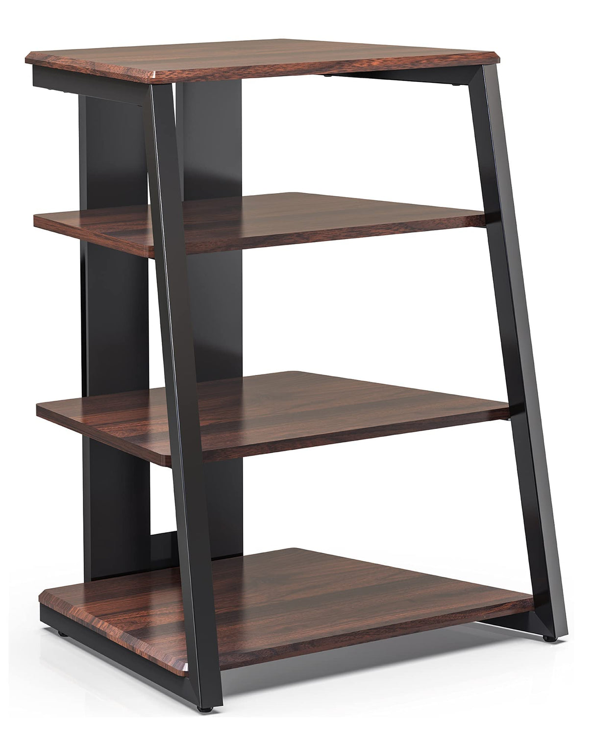 FITUEYES DESIGN 4-Tier AV Media Stand Corner Shelf for Record Player Wooden Stereo Cabinet Audio Rack Tower with Height Adjustable Wooden Shelves for/Apple TV/Xbox One/ps4 (Walnut) FITUEYES