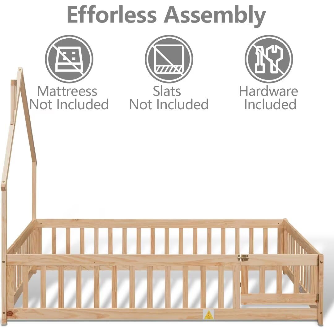 TURRIDU Full Size Montessori House-Shaped Floor Bed with Fence and Door in Natural Wood TURRIDU