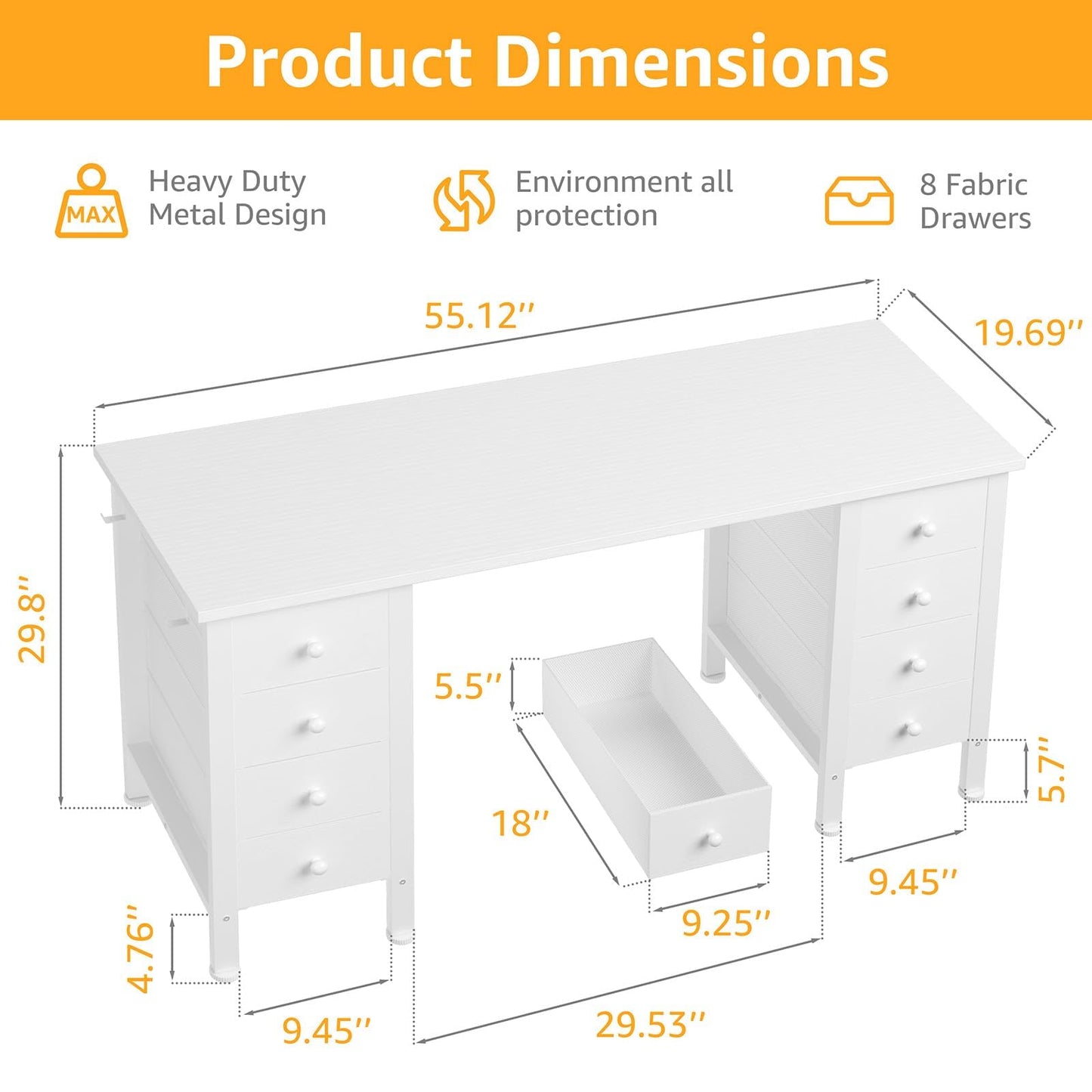 White Computer Desk with Fabric Drawers for Storage, 55 inch Home Office Desk with 8 Fabric Drawers, Writing Study Desk with Drawers on Both Sides for Bedroom