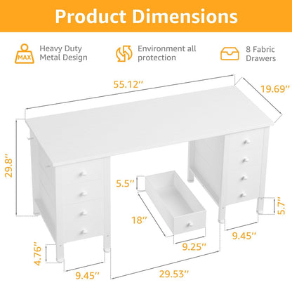 White Computer Desk with Fabric Drawers for Storage, 55 inch Home Office Desk with 8 Fabric Drawers, Writing Study Desk with Drawers on Both Sides for Bedroom