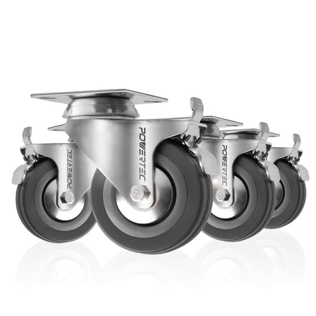 POWERTEC 3 Inch Swivel Caster Wheels Set of 4 with Brake & 640 lbs Loads, Heavy Duty Plate Casters, Dual Locking Rubber Castor Wheels for Furniture, Cart, Dolly and Workbenches (17023-P4V) POWERTEC