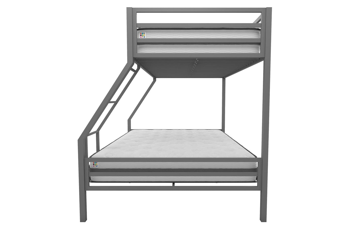 Novogratz Maxwell Metal Bunk Bed Frame for Kids and Teens, with Angled Ladder, High Guardrail and Metal Slats, No Boxspring Required, Underbed Storage Space, Twin-Over-Full, Gray