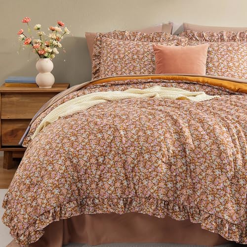 BLOOMHAVEN Queen Comforter Set - 7 Pieces Ruffle Brown Bedding Sets, Shabby Chic Farmhouse Bed in a Bag with Ruffle Comforter, Sheets, Pillowcases & Shams BLOOMHAVEN